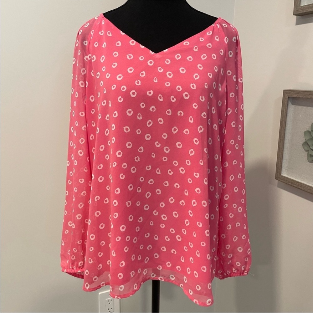 Never Worn! Nine West Pink & White Polka Dot Blouse With Bow & Sheer Sleeves